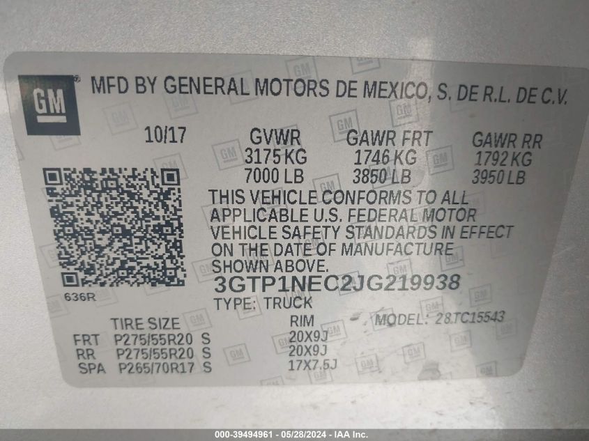 2018 GMC Sierra 1500 Slt VIN: 3GTP1NEC2JG219938 Lot: 39494961