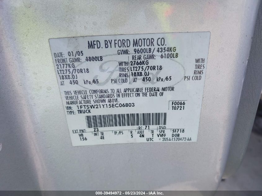 2005 Ford F-250 Lariat/Xl/Xlt VIN: 1FTSW21Y15EC06803 Lot: 39494972