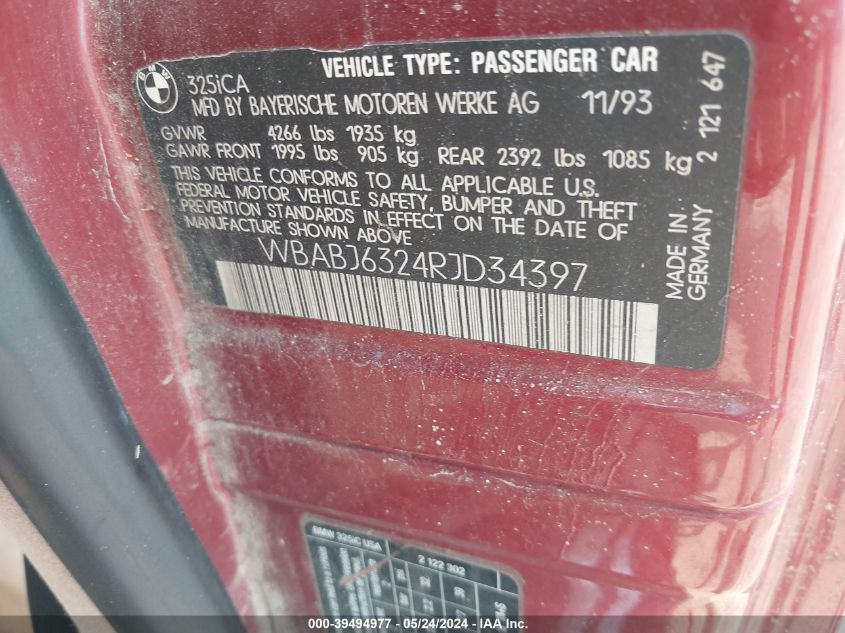 1994 BMW 325 Ic Automatic VIN: WBABJ6324RJD34397 Lot: 39494977