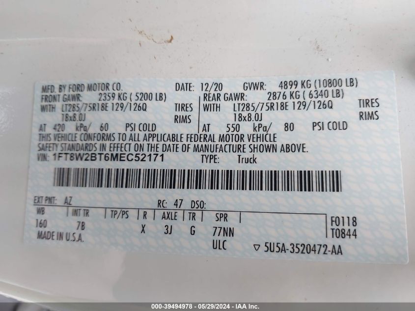 2021 Ford F-250 Platinum VIN: 1FT8W2BT6MEC52171 Lot: 39494978