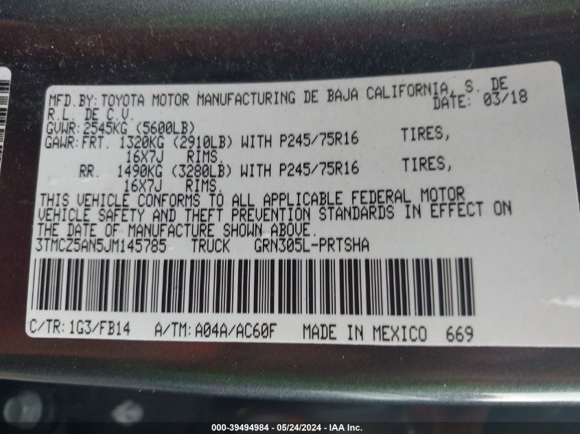 2018 Toyota Tacoma Sr V6 VIN: 3TMCZ5AN5JM145785 Lot: 39494984