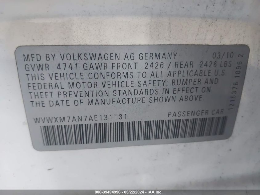2010 Volkswagen Passat Komfort VIN: WVWXM7AN7AE131131 Lot: 39494996