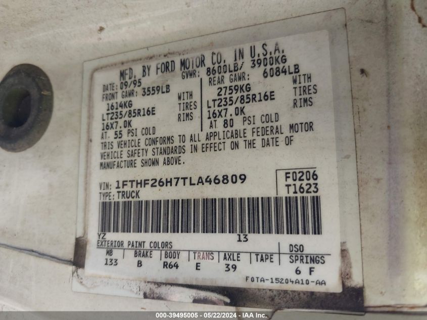 1996 Ford F250 VIN: 1FTHF26H7TLA46809 Lot: 39495005