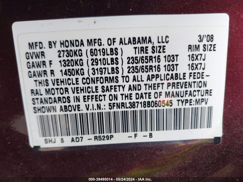 2008 Honda Odyssey Ex-L VIN: 5FNRL38718B060545 Lot: 39495014