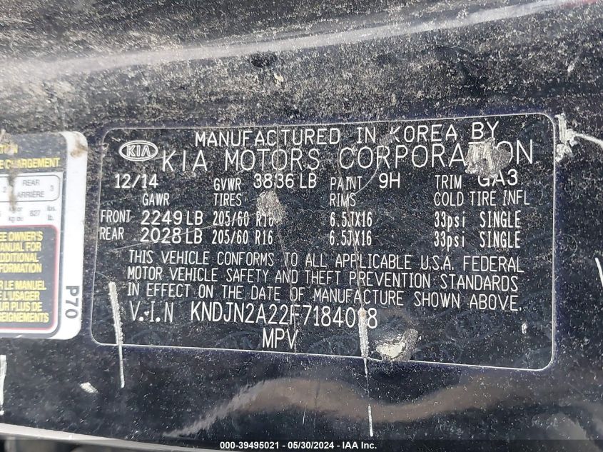 2015 Kia Soul VIN: KNDJN2A22F7184018 Lot: 39495021