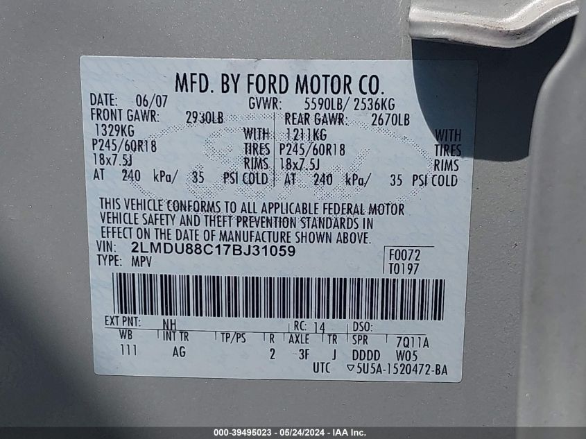 2007 Lincoln Mkx VIN: 2LMDU88C17BJ31059 Lot: 39495023