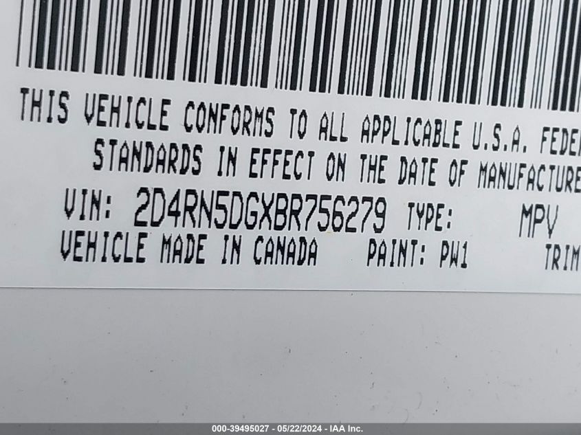 2011 Dodge Grand Caravan Crew VIN: 2D4RN5DGXBR756279 Lot: 39495027