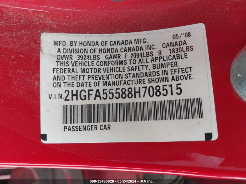 2008 Honda Civic Si/Si Mugen VIN: 2HGFA55588H708515 Lot: 39495028