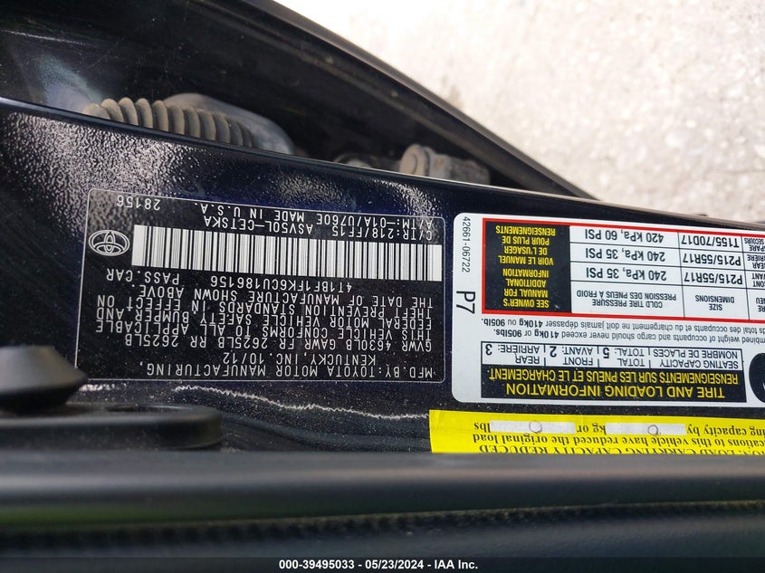 2012 Toyota Camry Se VIN: 4T1BF1FK6CU186156 Lot: 39495033