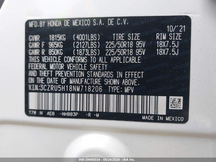 2022 Honda Hr-V 2Wd Sport VIN: 3CZRU5H18NM718206 Lot: 39495034