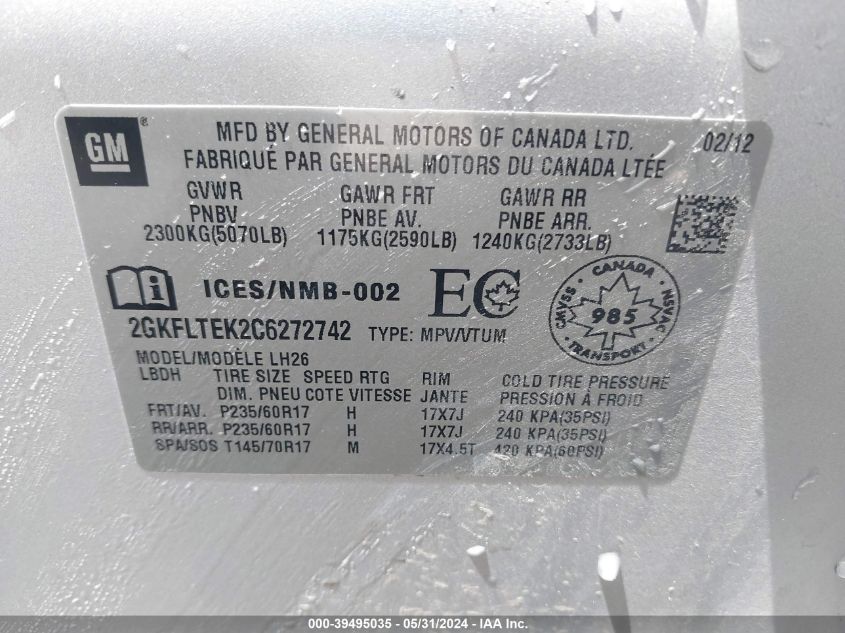 2012 GMC Terrain Sle-2 VIN: 2GKFLTEK2C6272742 Lot: 39495035