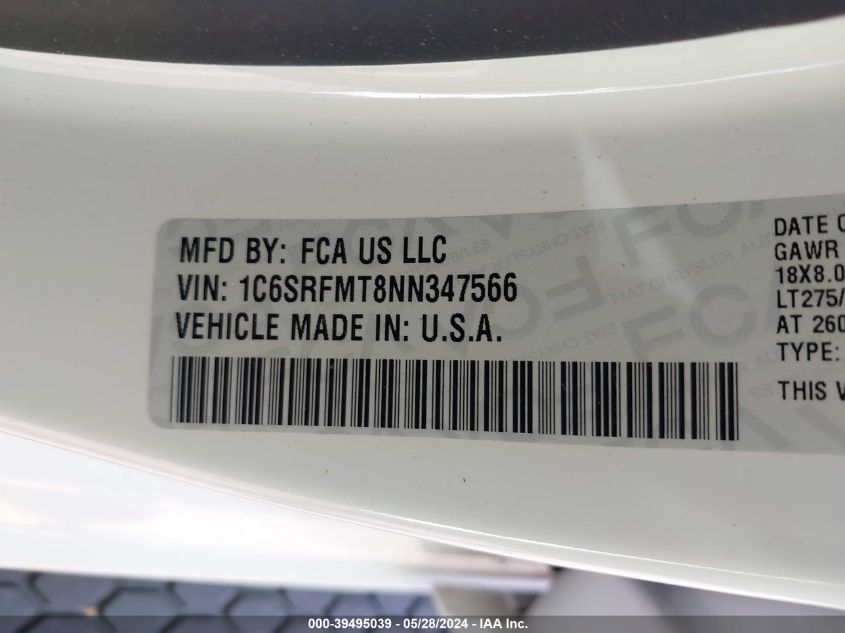 2022 Ram 1500 Big Horn 4X4 6'4 Box VIN: 1C6SRFMT8NN347566 Lot: 39495039