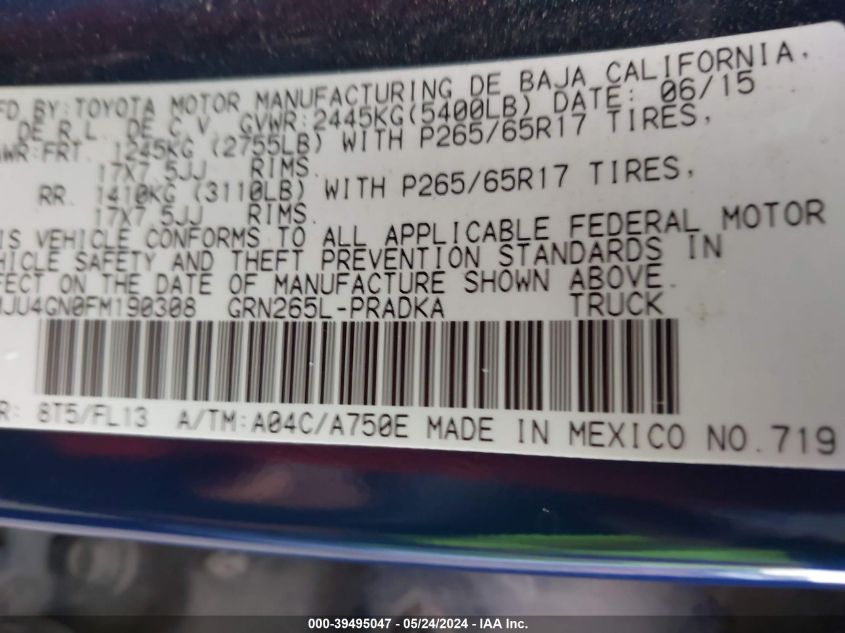 2015 Toyota Tacoma Prerunner V6 VIN: 3TMJU4GN0FM190308 Lot: 39495047