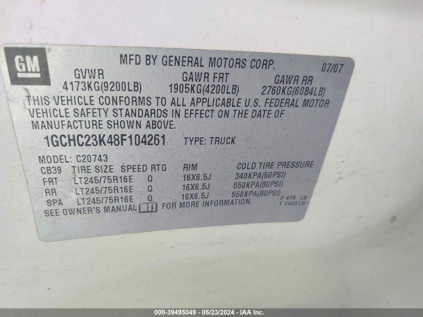 2008 Chevrolet Silverado 2500Hd Work Truck VIN: 1GCHC23K48F104261 Lot: 39495049