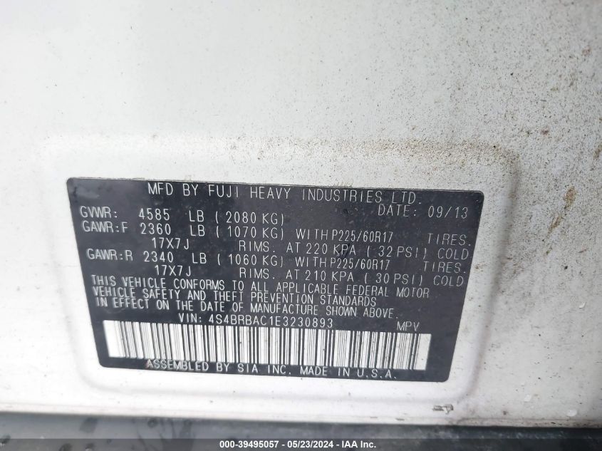 2014 Subaru Outback 2.5I VIN: 4S4BRBAC1E3230893 Lot: 39495057