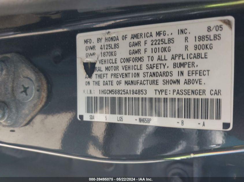 2005 Honda Accord 2.4 Ex VIN: 1HGCM56825A194853 Lot: 39495075