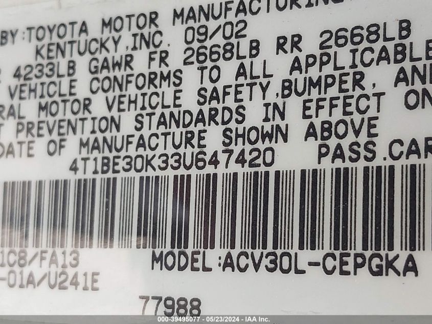 2003 Toyota Camry Xle VIN: 4T1BE30K33U647420 Lot: 39495077