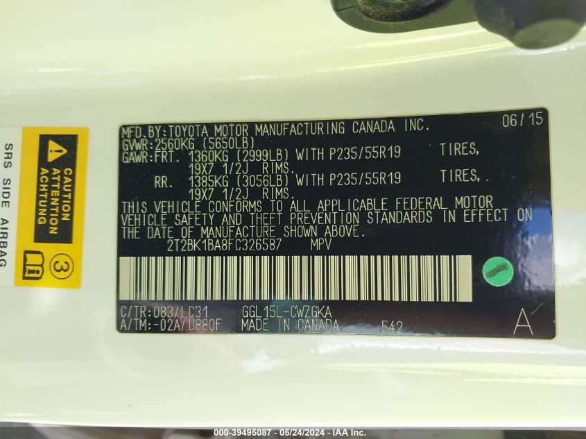 2015 Lexus Rx 350 F Sport VIN: 2T2BK1BA8FC326587 Lot: 39495087