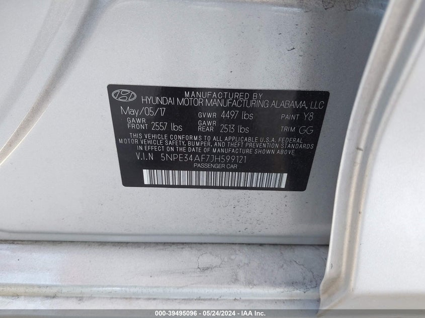 VIN 5NPE34AF7JH599121 2018 HYUNDAI SONATA SEL