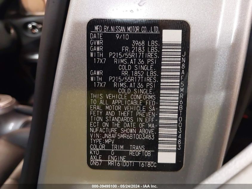 2011 Nissan Juke S/Sv/Sl VIN: JN8AF5MR6BT003483 Lot: 39495100