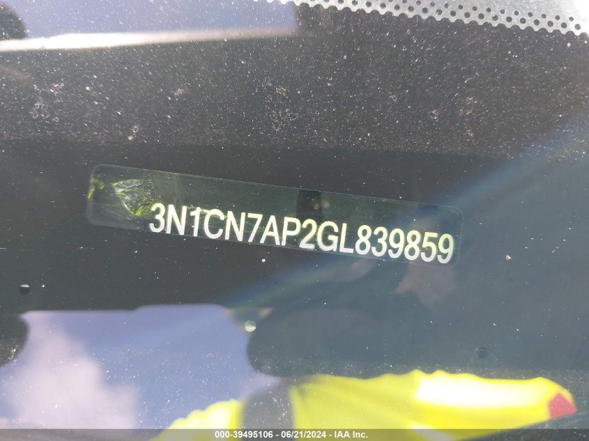 2016 Nissan Versa 1.6 S+ VIN: 3N1CN7AP2GL839859 Lot: 39495106