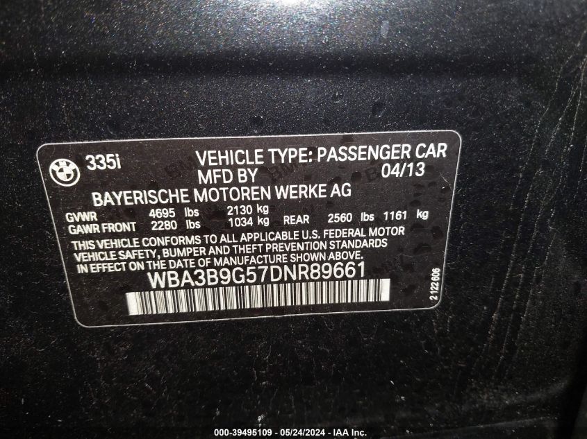 2013 BMW 335I xDrive VIN: WBA3B9G57DNR89661 Lot: 39495109