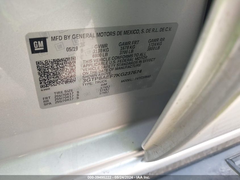 2019 GMC Sierra 1500 VIN: 3GTP8AEF7KG237674 Lot: 39495222