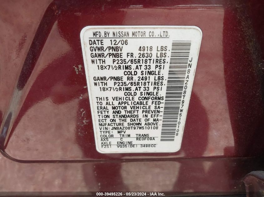 2007 Nissan Murano S VIN: JN8AZ08T97W510108 Lot: 39495226