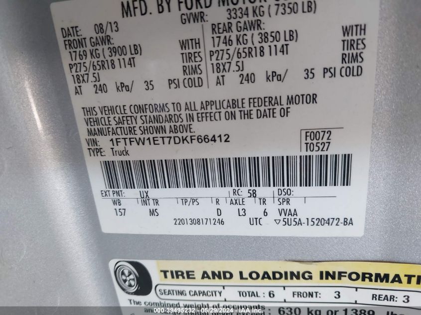 2013 Ford F-150 Xlt VIN: 1FTFW1ET7DKF66412 Lot: 39495232