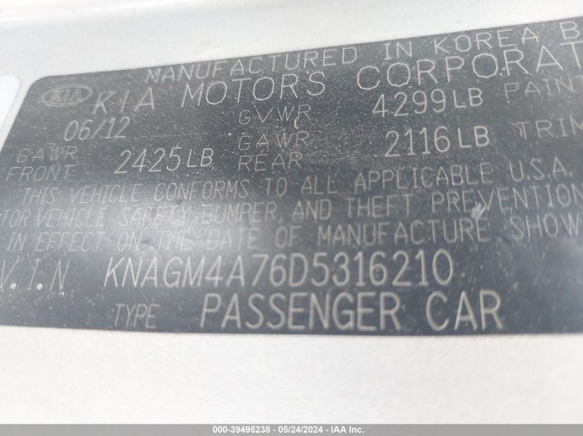 2013 Kia Optima Lx VIN: KNAGM4A76D5316210 Lot: 39495238