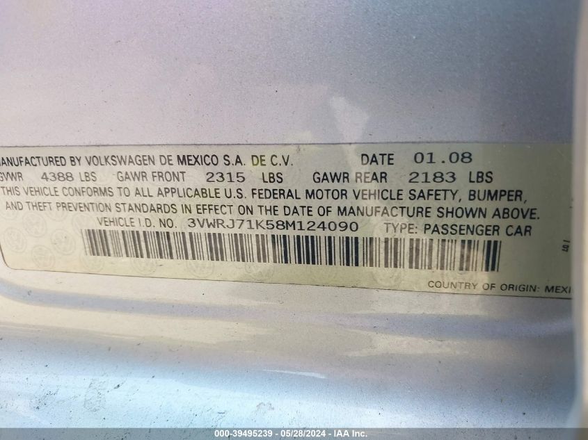 2008 Volkswagen Jetta Wolfsburg Edition VIN: 3VWRJ71K58M124090 Lot: 39495239