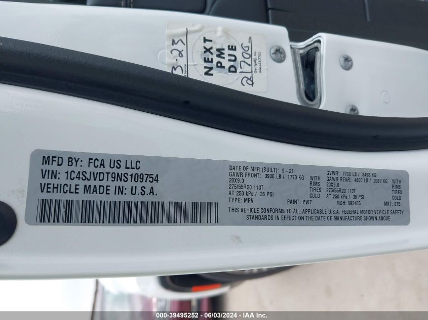 2022 Jeep Wagoneer Series Iii 4X4 VIN: 1C4SJVDT9NS109754 Lot: 39495252