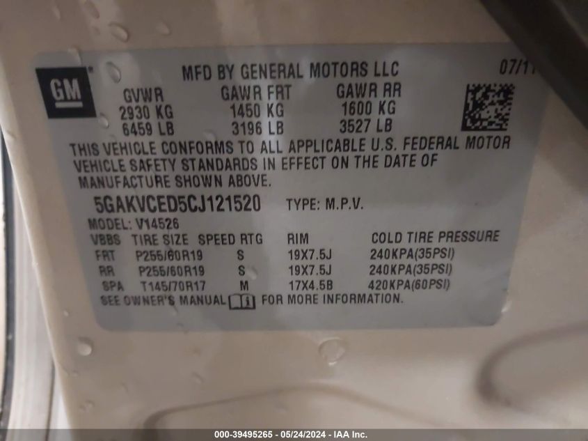 2012 Buick Enclave Leather VIN: 5GAKVCED5CJ121520 Lot: 39495265