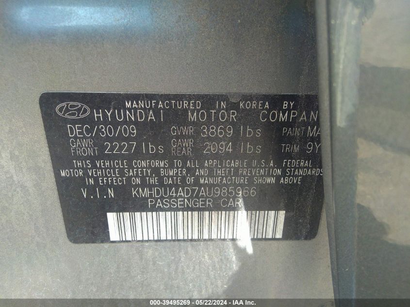 2010 Hyundai Elantra Se VIN: KMHDU4AD7AU985966 Lot: 39495269