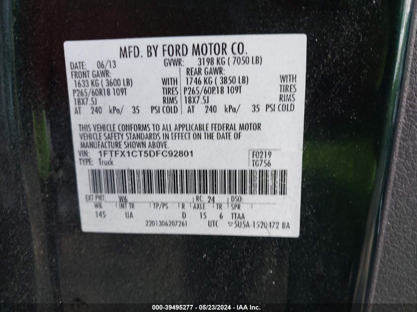 2013 Ford F-150 Xlt VIN: 1FTFX1CT5DFC92801 Lot: 39495277