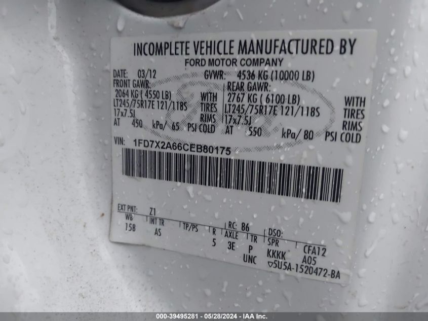 2012 Ford F-250 Xl VIN: 1FD7X2A66CEB80175 Lot: 39495281