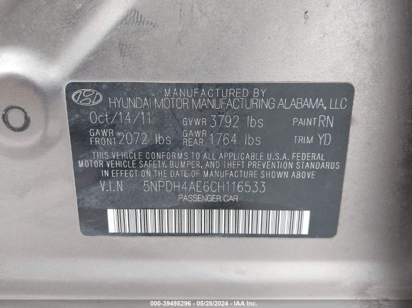 2012 Hyundai Elantra Gls VIN: 5NPDH4AE6CH116533 Lot: 39495296