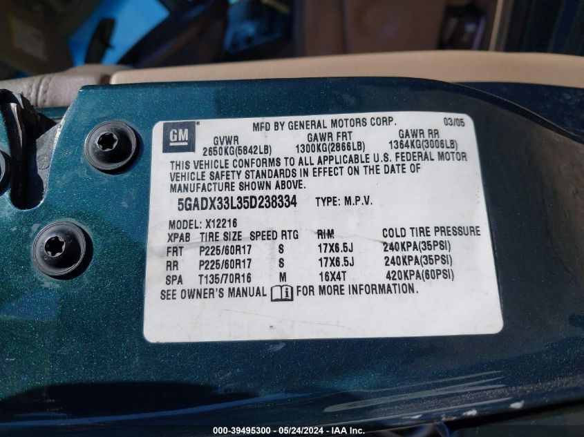 2005 Buick Terraza Cxl VIN: 5GADX33L35D238334 Lot: 39495300