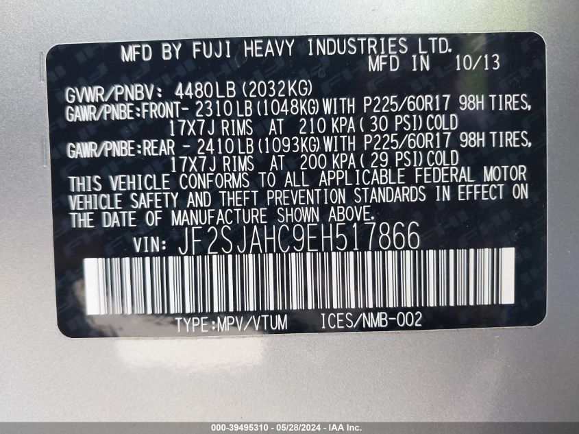 2014 Subaru Forester 2.5I Limited VIN: JF2SJAHC9EH517866 Lot: 39495310