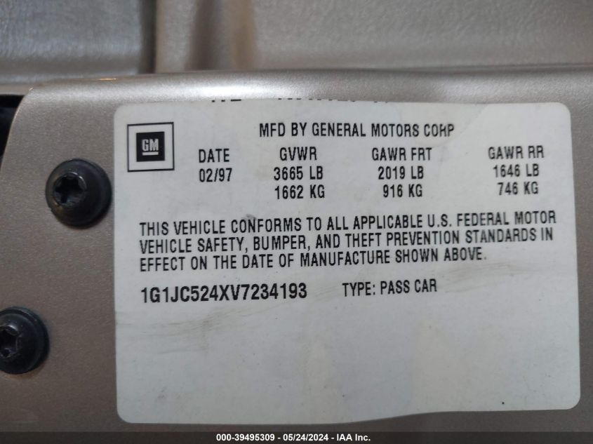 1997 Chevrolet Cavalier VIN: 1G1JC524XV7234193 Lot: 39495309