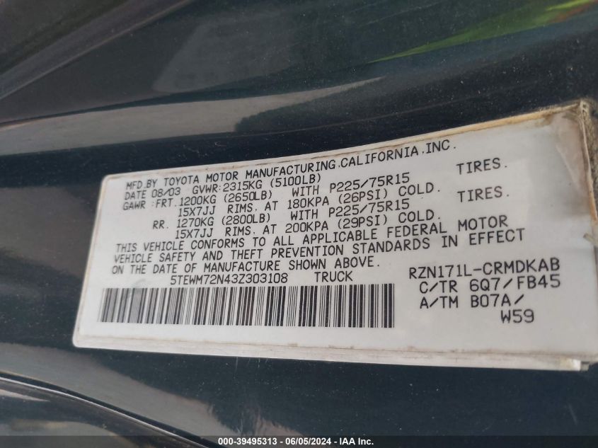 2003 Toyota Tacoma VIN: 5TEWM72N43Z303108 Lot: 39495313