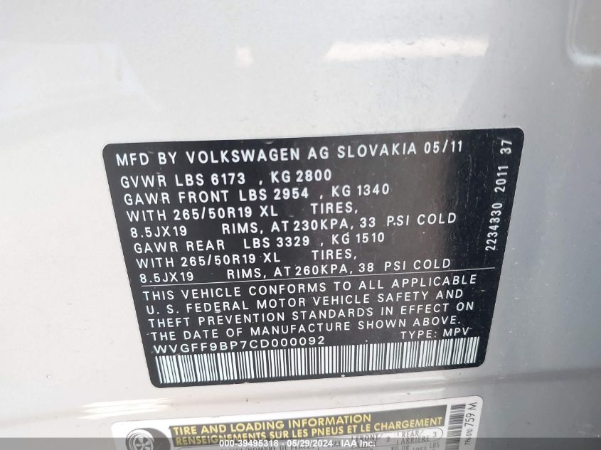 2012 Volkswagen Touareg Vr6 Lux VIN: WVGFF9BP7CD000092 Lot: 39495318