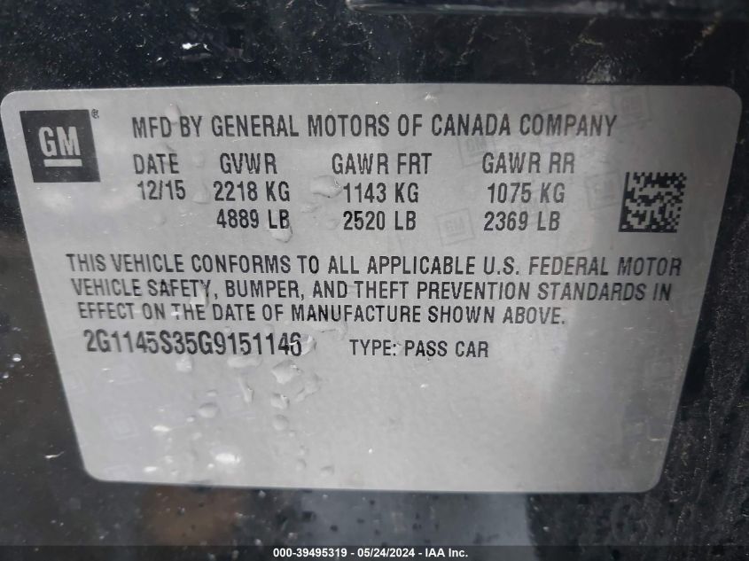 2016 Chevrolet Impala 2Lz VIN: 2G1145S35G9151146 Lot: 39495319