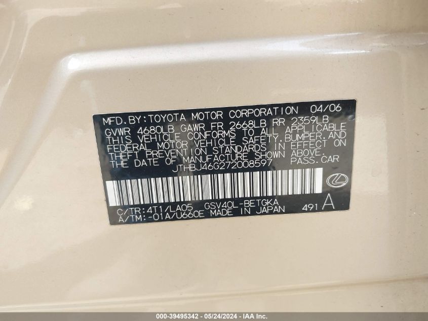 2007 Lexus Es 350 VIN: JTHBJ46G272008597 Lot: 39495342