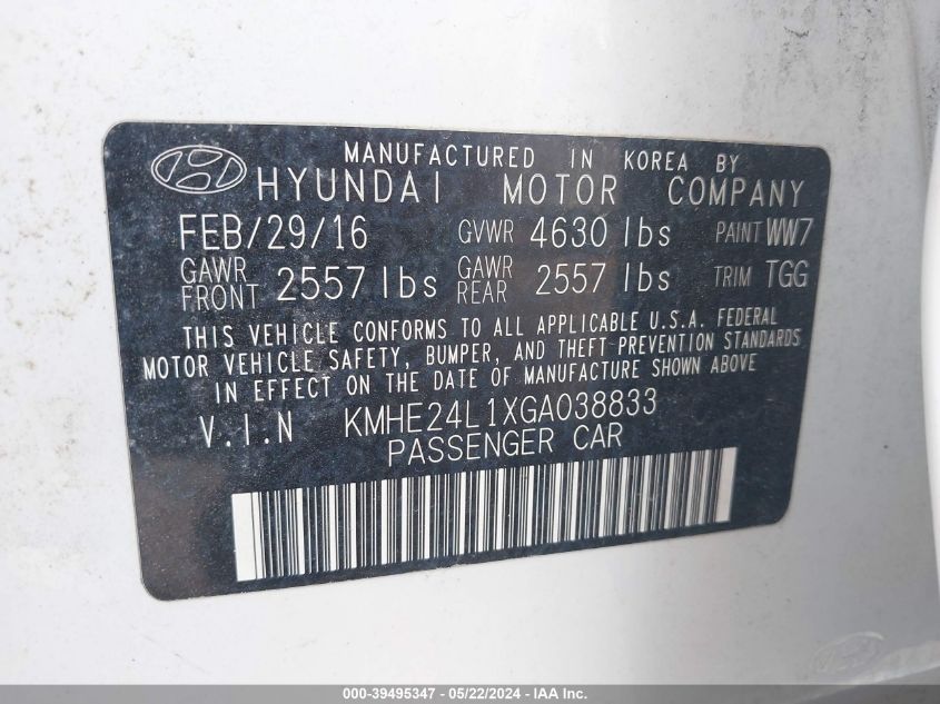 2016 Hyundai Sonata Hybrid Se VIN: KMHE24L1XGA038833 Lot: 39495347