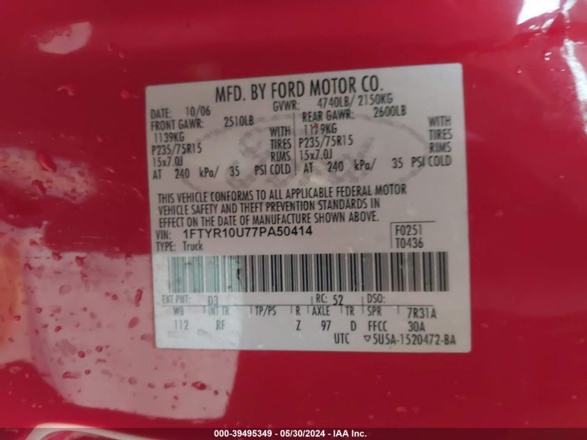 2007 Ford Ranger Sport/Stx/Xl/Xlt VIN: 1FTYR10U77PA50414 Lot: 39495349