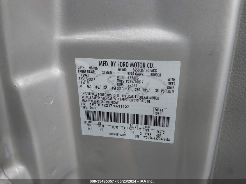 2007 Ford F-150 Stx/Xl/Xlt VIN: 1FTRF12217NA11127 Lot: 39495357