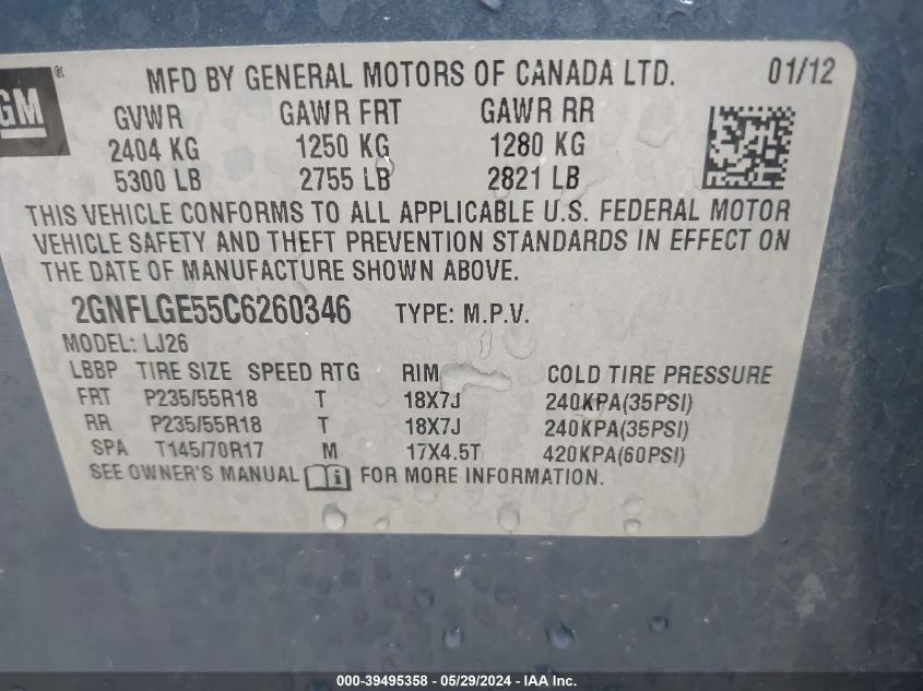 2012 Chevrolet Equinox Ltz VIN: 2GNFLGE55C6260346 Lot: 39495358