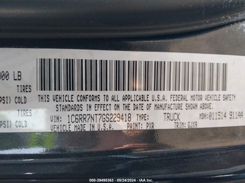 2016 Ram 1500 Laramie VIN: 1C6RR7NT7GS229418 Lot: 39495363