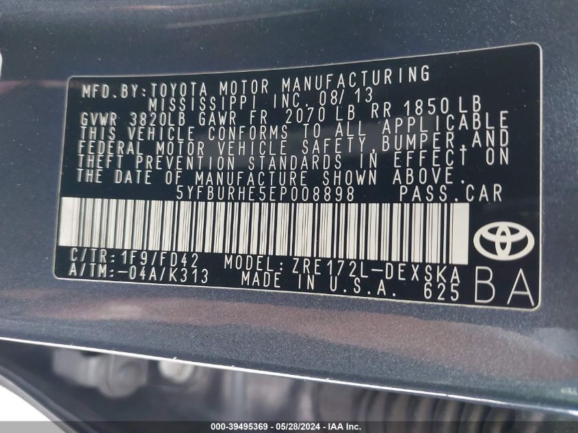 2014 Toyota Corolla S Plus VIN: 5YFBURHE5EP008898 Lot: 39495369